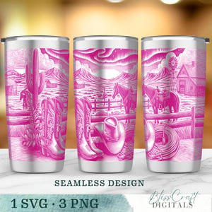 May include: Three stainless steel tumblers with a pink Western-themed design. The design includes cowboy boots, a hat, a horse, a cactus, and a rural landscape. The words "SEAMLESS DESIGN" and "1 SVG &bull; 3 PNG" are also visible.