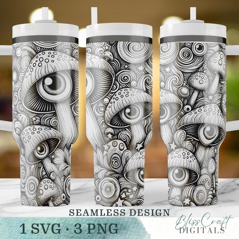 Abstract Eye Pattern Stainless Steel Tumbler, Seamless Design, Black and White Art Drinkware