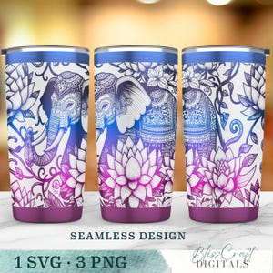 May include: Three stainless steel tumblers with a seamless design featuring an elephant, lotus flowers, and vines in shades of blue, purple, and white. The tumblers have a purple base and a blue rim.