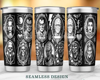 May include: Three stainless steel travel mugs with black and white illustrations of classic horror movie characters. Each mug features a seamless design with portraits of monsters, skulls, and bats. The text "SEAMLESS DESIGN" and "1 SVG • 3 PNG" are visible.