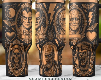 Classic Horror Movies Monsters SVG, Seamless Retro Halloween 40oz Laser Tumbler Wrap PNG, Laser Engraved Cup Design,Instant Digital Download