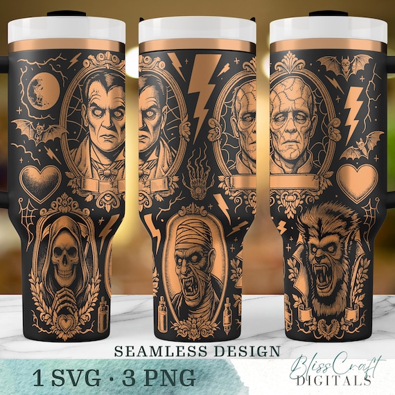 Classic Horror Movies Monsters SVG, Seamless Retro Halloween 40oz Laser Tumbler Wrap PNG, Laser Engraved Cup Design,Instant Digital Download