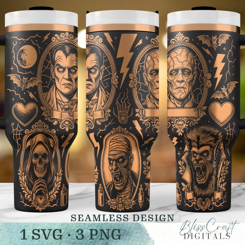 May include: Black and copper-coloured travel mug with a seamless design of classic horror movie characters. The mug features images of Dracula, Frankenstein, the Mummy, and the Wolfman, with bats, lightning bolts, and a heart design.