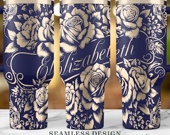 Rose Floral Laser Engraved Wrap SVG, Custom Name Bridesmaid Gift, Romancecore Spring flowers 40oz Tumbler Wrap, Seamless laser engraving PNG