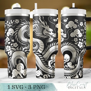 Cherry Blossom Dragon 40oz Tumbler Wrap SVG – Seamless Oriental Dragon Laser Engraving Design, Engraved Dragon Full Wrap Digital Download