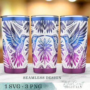May include: Three stainless steel tumblers with a seamless design featuring a hummingbird illustration. The design showcases a hummingbird in shades of blue, purple, and white, with geometric patterns. The tumblers have a blue rim and a purple base. Text on the image reads "SEAMLESS DESIGN" and "1 SVG • 3 PNG".