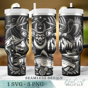 May include: A black and white seamless design featuring a deer, a fish, a hunter with a bow and arrow, an eagle, and a boat. The design is meant to be used on a tumbler or other cylindrical object.