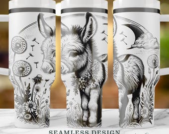 Cute Floral Donkey SVG Wrap, Seamless 40oz Tumbler Laser Engraving Design, Cute Moon & Clouds Donkey Digital Download