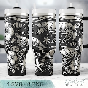 May include: Black and white tumbler with a design of sea turtles, flowers, and starfish. The tumbler has a silver lid and straw.