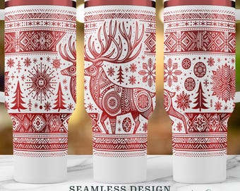 Scandinavian Reindeer 40oz Tumbler Wrap, Nordic Snowflakes SVG & PNG, Seamless Pine Laser Engraved Design, Instant Digital Download