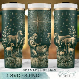 Può includere: Un bicchiere verde scuro con un coperchio dorato e bianco, con un design senza cuciture di una scena della natività. Il design include una stella, pecore e il testo "SEAMLESS DESIGN" e "1 SVG • 3 PNG".