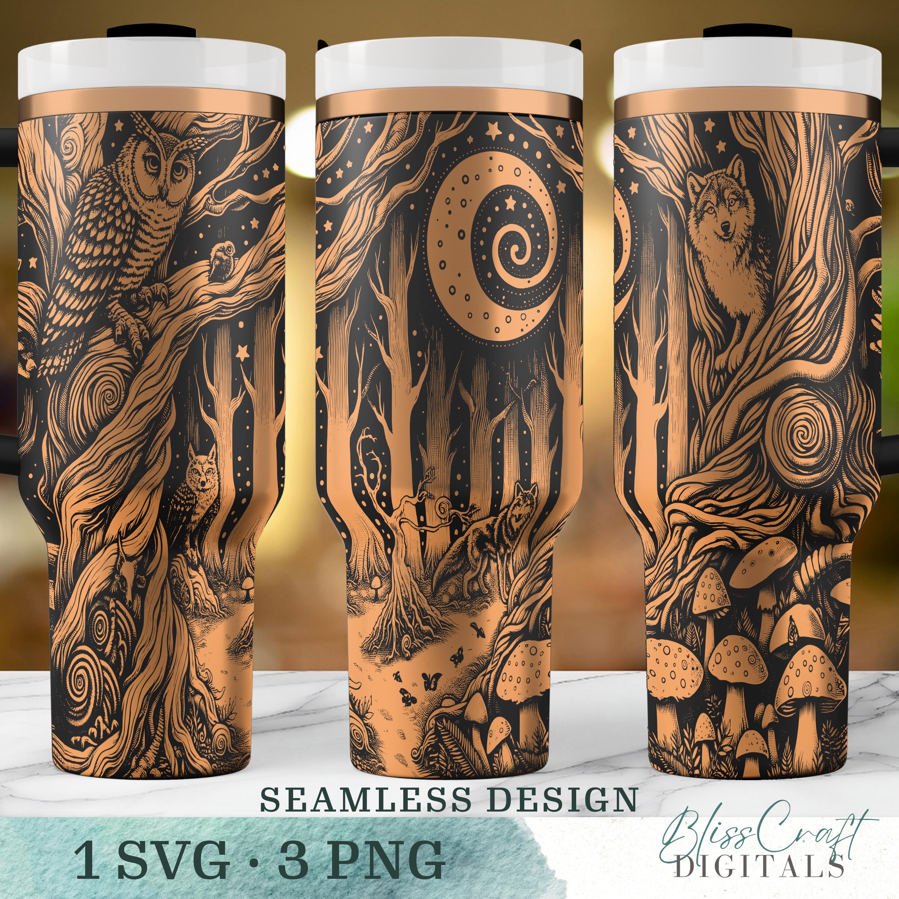 Enchanted Forest Creatures SVG, Seamless Spooky Ghostly Owl Fox SVG, 40oz Tumbler Wrap, Laser Engrav