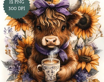Purple Coffee Baby Highland Cow Clipart, 12 High Quality PNGs, Farm Animal, Printable Cow, Baby Cow Nursery Art, Junk Journal Commercial Use