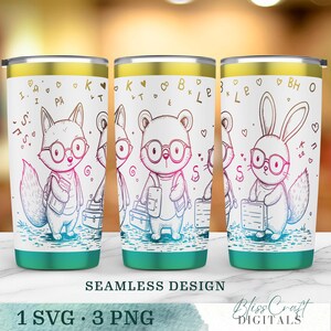 May include: Three stainless steel tumblers with a white background featuring a repeating design of cartoon animals wearing glasses and carrying briefcases. The animals include a fox, bear, and rabbit. The tumblers have a gold rim and a teal base. The words "SEAMLESS DESIGN" are printed on the bottom.