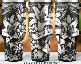 Seamless Lilies 40oz Tumbler Wrap Design, Laser Engraved Design, Floral Engraved Wrap, Custom Name Personalization SVG