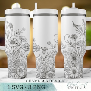Seamless Floral Garden Wildflowers SVG, Custom name 40oz Laser Engraved Water Bottle, Engraved 40oz Wrap Design, Laser Full Wrap Design image 1