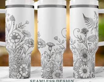 Seamless Floral Garden Wildflowers SVG, Custom name 40oz Laser Engraved Water Bottle, Engraved 40oz Wrap Design, Laser Full Wrap Design