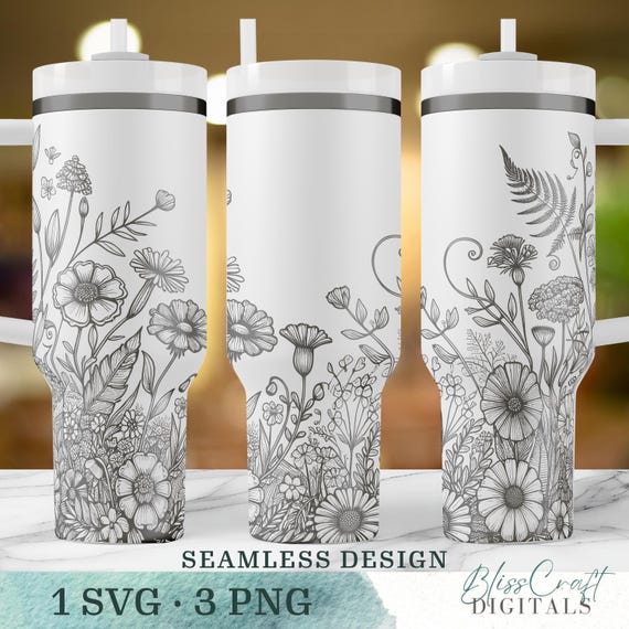 Seamless Floral Garden Wildflowers SVG, Custom name 40oz Laser Engraved Water Bottle, Engraved 40oz Wrap Design, Laser Full Wrap Design