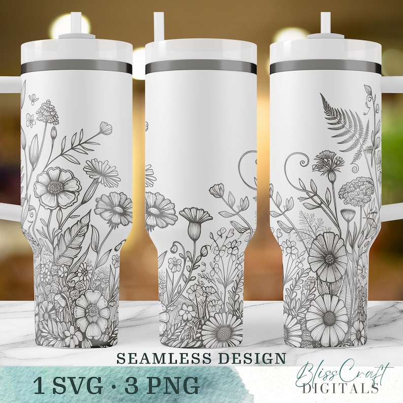 Seamless Floral Garden Wildflowers SVG, Custom name 40oz Laser Engraved Water Bottle, Engraved 40oz Wrap Design, Laser Full Wrap Design image 1