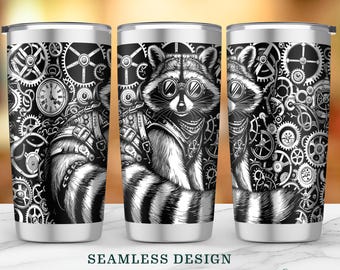Laser Engraved Raccoon and Gears SVG, 20oz Tumbler Full Wrap Design, Seamless Steampunk Digital Download for DIY Projects