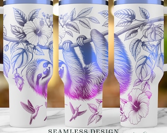 Vaso envolvente de 40 oz con diseño de perezoso, colibríes e hibisco grabados con láser. Descarga digital perfecta para proyectos de bricolaje.