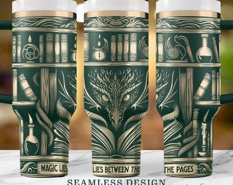 Magic Lies Between Pages, Dragon in the Nook Book Lover 40oz Tumbler Full Wrap, SVG Seamless Design for Laser Engraving