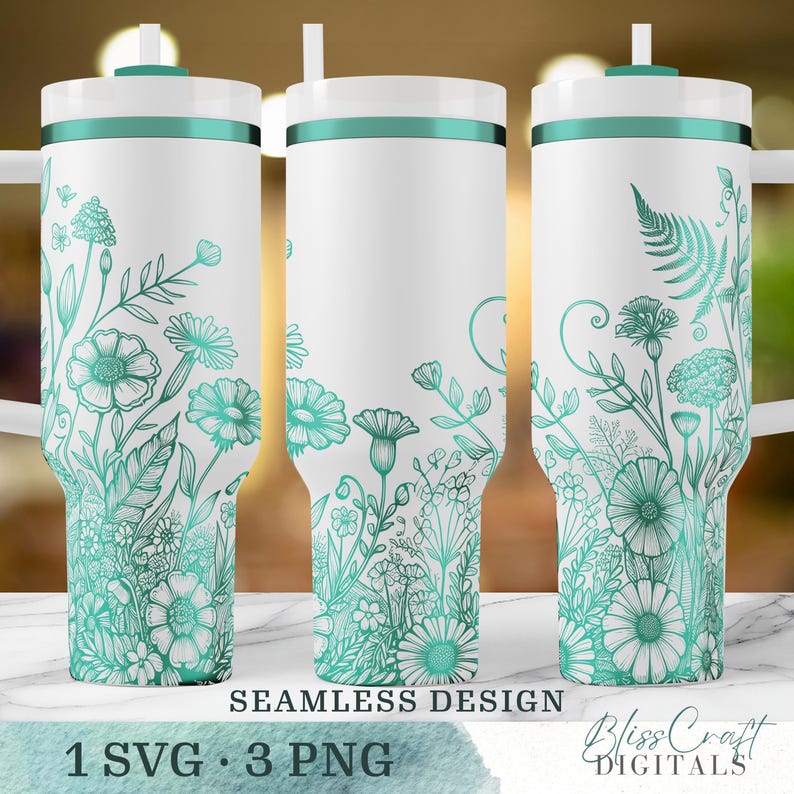 Seamless Floral Garden Wildflowers SVG, Custom name 40oz Laser Engraved Water Bottle, Engraved 40oz Wrap Design, Laser Full Wrap Design image 5