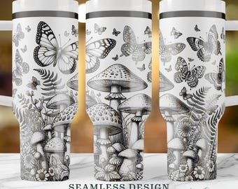 Cottagecore Mushroom Butterfly SVG Wrap for 40oz Laser Engraved Tumbler with Handle, Seamless Nature Engraving Design
