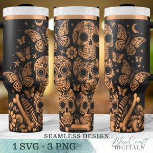 Regalo SVG de mariposas y calaveras de azúcar del Día de los Muertos, envoltura sin costuras para vaso de 40 oz, diseño de taza grabado con láser, descarga digital instantánea