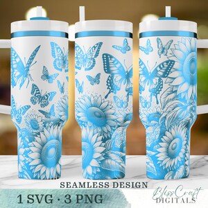 Blue Sunflower and Butterfly Tumbler Design, Seamless Pattern, Digital PNG SVG Files for Crafting and Sublimation