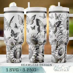 Butterfly and Sunflower Tumbler Design, Seamless Wrap for Stainless Steel Cup, Floral and Nature Print SVG and PNG Files