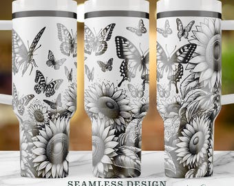 Butterfly & Sunflower SVG, Seamless 40oz Laser Engraved Tumbler Wrap with Handle, Floral Butterfly Cup Design