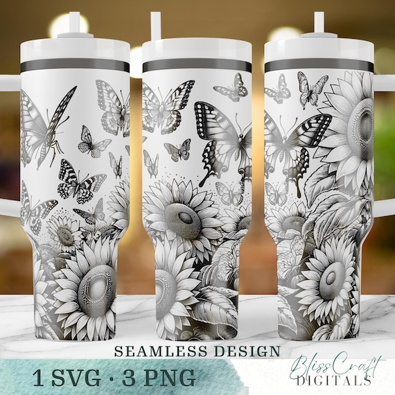Butterfly & Sunflower SVG, Seamless 40oz Laser Engraved Tumbler Wrap with Handle, Floral Butterfly Cup Design