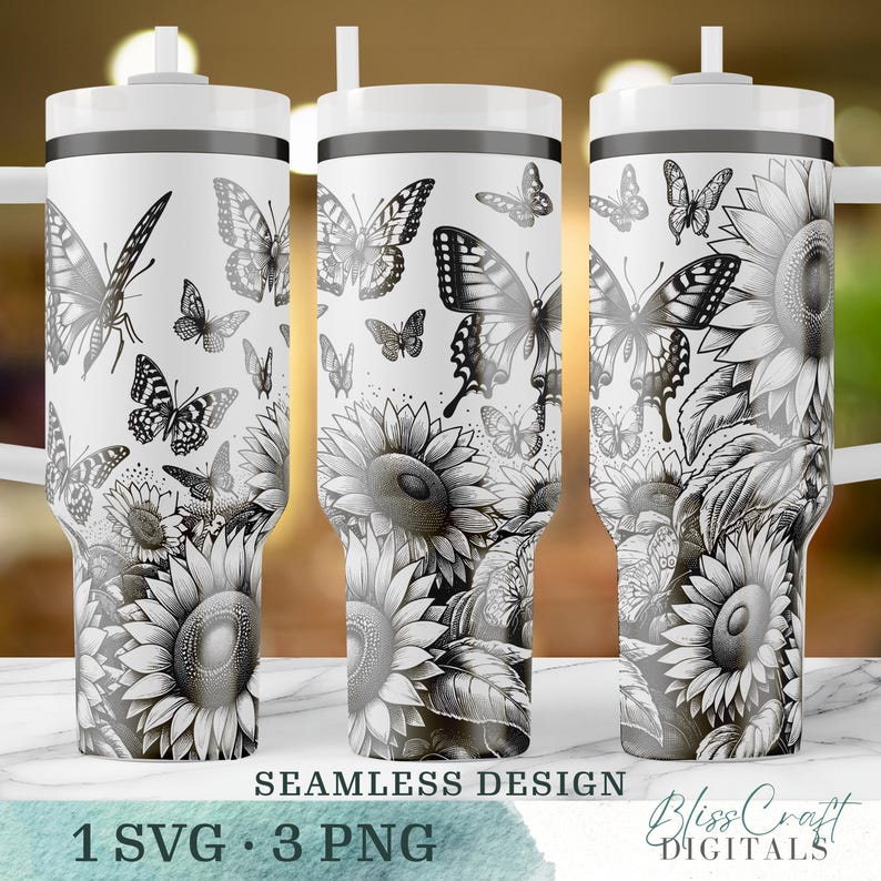 Butterfly and Sunflower Tumbler Design, Seamless Wrap for Stainless Steel Cup, Floral and Nature Print SVG and PNG Files