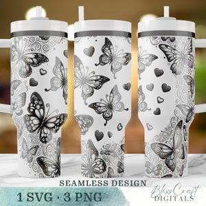Butterfly & Hearts SVG Design, Laser Engraved 40oz Tumbler Wrap with Handle, Seamless Butterfly Wrap, Digital Download