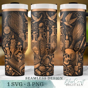 Caldero de poción de bruja SVG, Libro de hechizos de calavera sin costuras, Envoltura para vaso láser de 40 oz PNG, Diseño de taza grabada de Halloween, Descarga digital instantánea