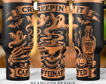 Creepin' it Caffeinated SVG, Seamless Halloween Pumpkin Spice Coffee Addict 40oz Tumbler Wrap,Laser Engraved Design,Instant Digital Download
