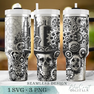 Könnte beinhalten: Ein Sublimationsdesign mit einem Totenkopf mit Zylinder und Zahnrädern in Schwarzweiß für einen 20 oz Tumbler.