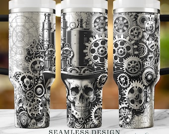 Steampunk Skull and Gears, Seamless Gear Head Laser Engraved 40oz Tumbler Full Wrap Design SVG, Instant Digital Download for DIY Projects