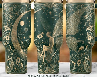 Fairy Moon 40oz Tumbler Wrap, Crescent Stars SVG & PNG, Seamless Filigree Wings Laser Engraved Design, Instant Digital Download