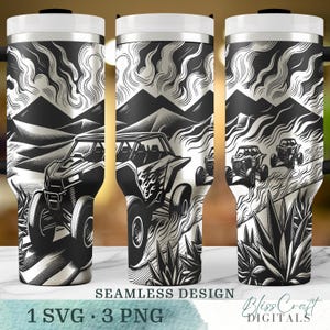 May include: A black and white tumbler featuring a seamless design of off-road vehicles racing through a desert landscape with mountains and stylized clouds. The tumbler has a white lid and a black handle.