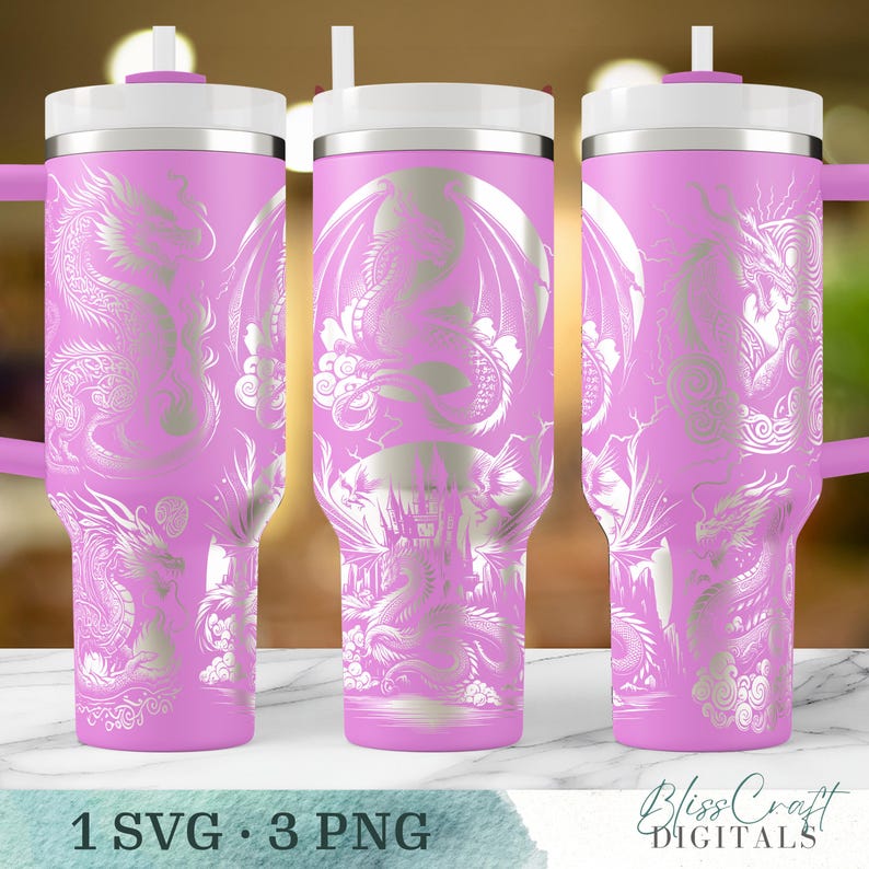 Seamless Dragon SVG Design Bundle, 40oz Laser Engraved Cup Design, Engraved 40oz Wrap, Laser Full Wrap, Custom Name SVG, Digital Download image 4