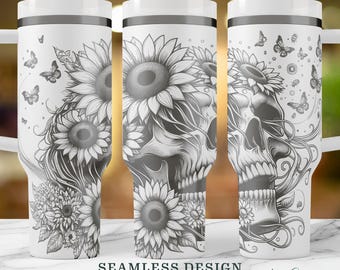 Seamless Gothic Skull and Sunflower SVG, 40oz Tumbler Wrap with Butterflies, Laser Engraved Skeleton Design, Full Wrap SVG Digital Download