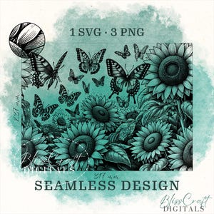 Seamless Sunflower and Butterfly Pattern SVG, PNG Digital Download for Crafting
