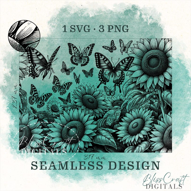 Seamless Sunflower and Butterfly Pattern SVG, PNG Digital Download for Crafting