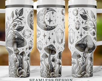 Nahtloser Pilz und Mond Sterne SVG, 40 Unzen Tumbler Laser gravierte Verpackung, Kristallpilze Full Wrap, digitaler Download