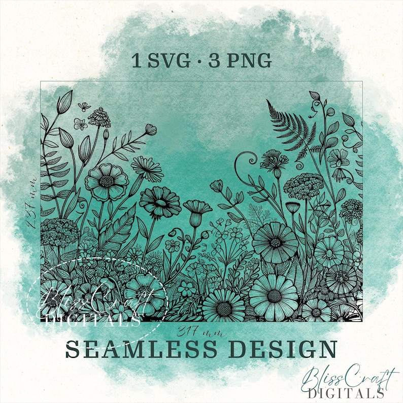 Seamless Floral Garden Wildflowers SVG, Custom name 40oz Laser Engraved Water Bottle, Engraved 40oz Wrap Design, Laser Full Wrap Design image 2