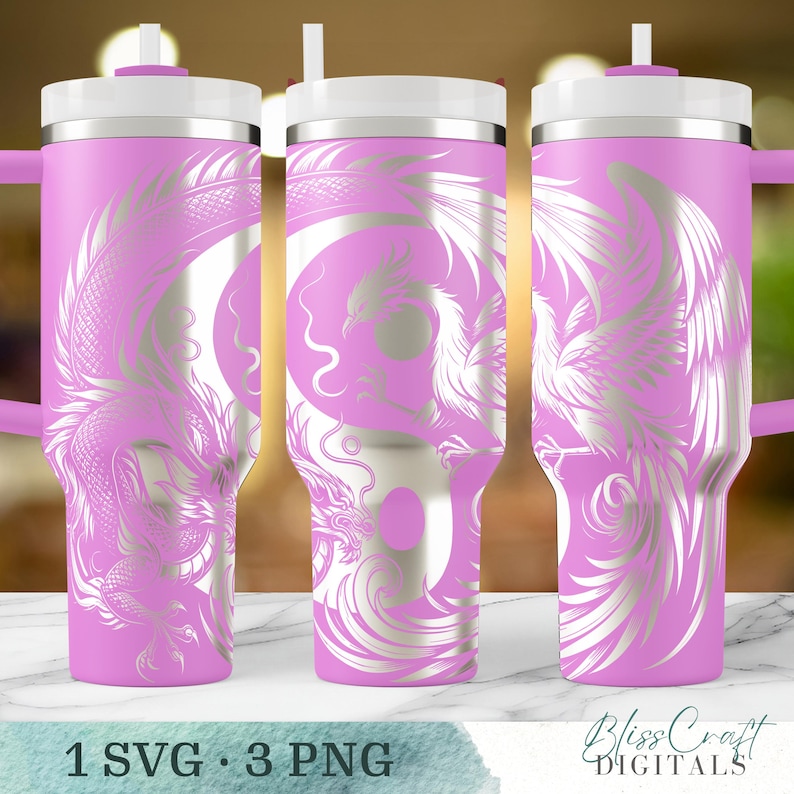 Yin Yang Dragon and Phoenix Digital SVG Design, Laser Engraving Wrap for 40oz Tumblers, Seamless Custom Name SVG image 4