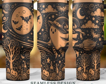 Lindo fantasma brujo SVG, murciélagos de Halloween sin costuras SVG, envoltura láser de calabaza de 40 oz PNG, diseño de taza grabado, descarga digital instantánea