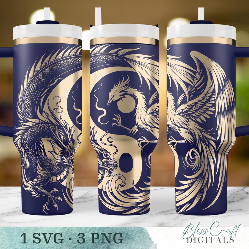 Yin Yang Dragon and Phoenix Digital SVG Design, Laser Engraving Wrap for 40oz Tumblers, Seamless Custom Name SVG image 5